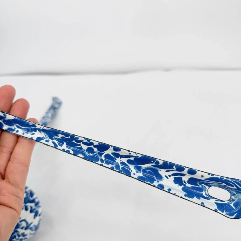 Crow Canyon Enamelware Ladle & Spoon Set Blue Marble Splatter VTG Kitchen